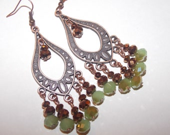 Green and Copper Czech Glass Copper Crystal Copper Teardrop Chandelier Earrings