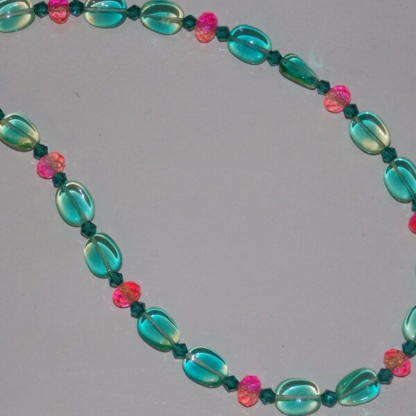 Aqua and Pink Czech Glass Necklace