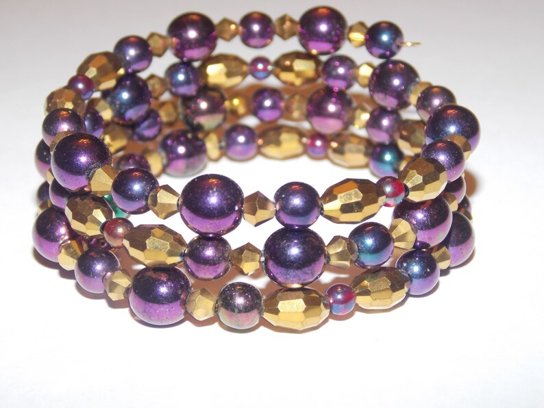 Purple Iris and Gold Czech Glass Memory Wire Wrap Bracelet