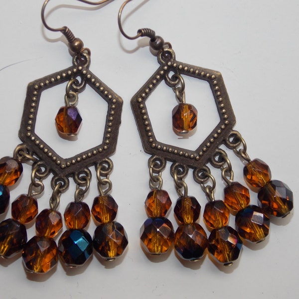 Amber Brown with Blue Finish Czech Glass Bronze Chandelier Earrings