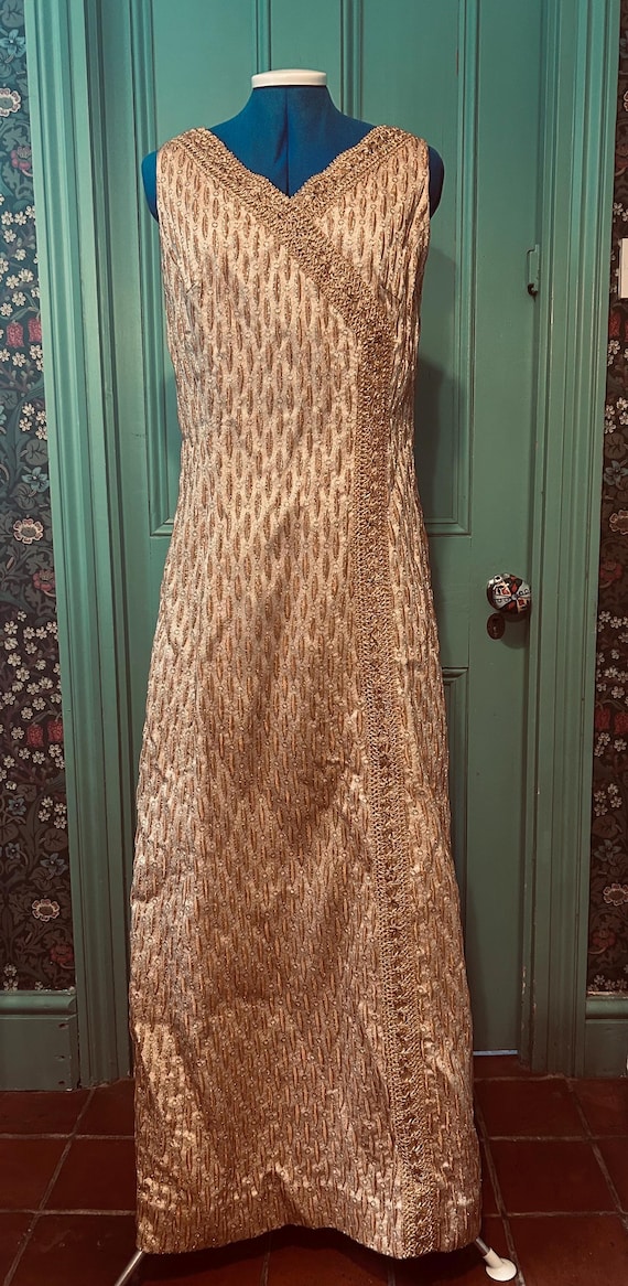 gold evening dress size 12 Mac Duggal Size 12 High Slit Sequin Evening Dress in Gold $398
