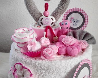 Diaper cake with heart pacifier doll Dino personalized with name baby washcloth