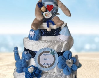 Windeltorte blau Junge Bärchen Schnullerpüppchen Auto personalisiert Namen Babyparty