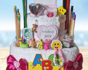 Stiftetorte Einschulung Geschenk Mädchen aus Handtüchern  Stifte Radiergummi  Schulranzen  erster Schultag Charm Anhänger