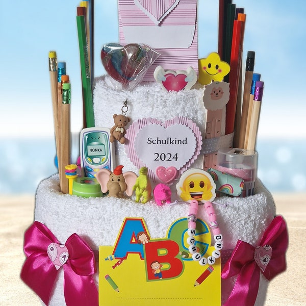 Stiftetorte Einschulung Geschenk Mädchen aus Handtüchern  Stifte Radiergummi  Schulranzen  erster Schultag Charm Anhänger