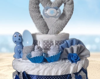 Diaper cake boy blue/white/grey with dinosaur made of baby washcloths and heart pacifier