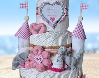 Windeltorte Mädchen rosa Windelschloss Babyparty schneller Versand