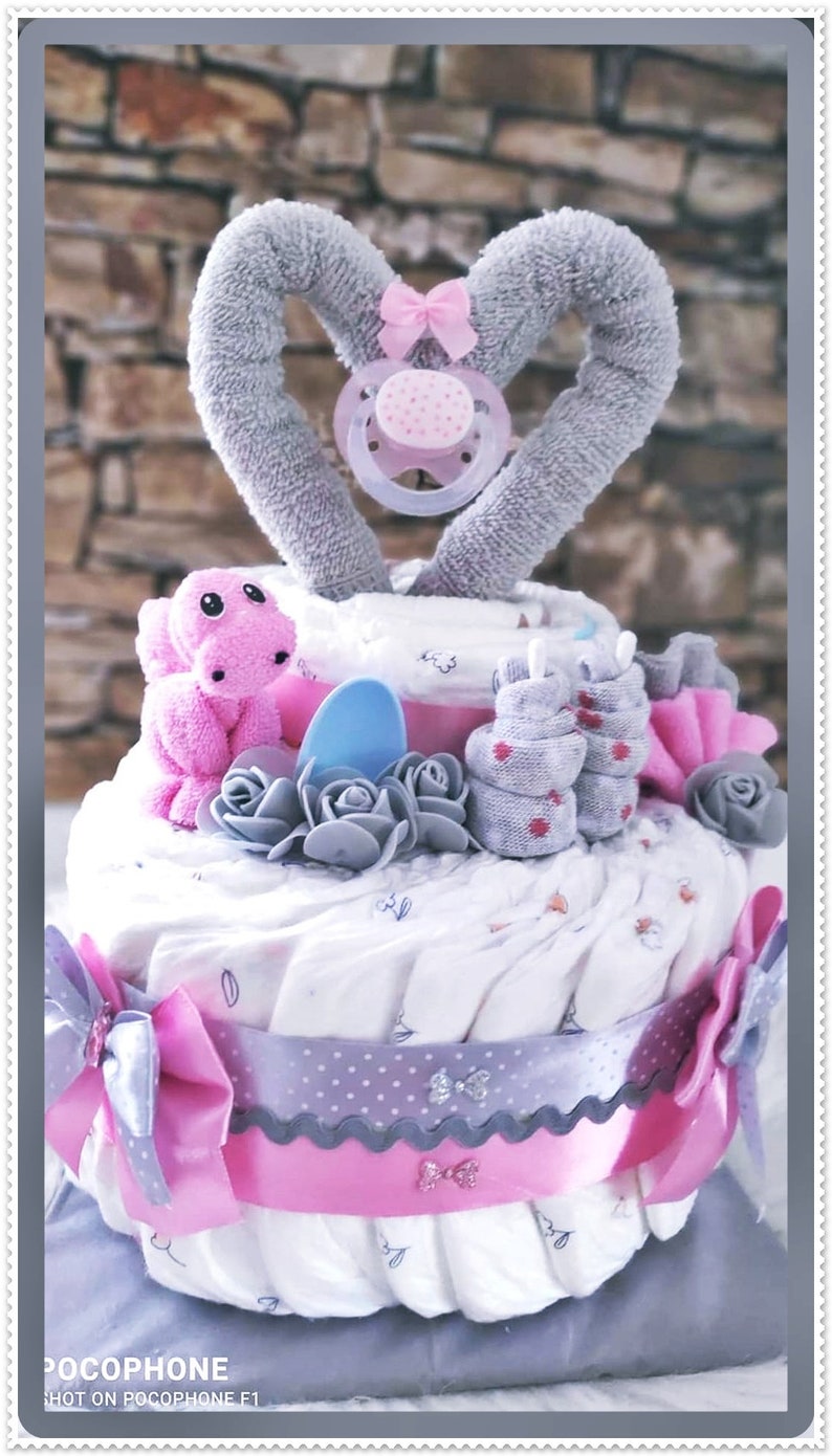 Diaper cake girl pink and gray with dinosaur made of baby washcloths and heart pacifier image 1