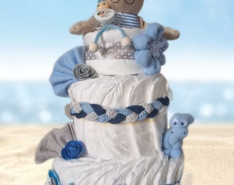 Windeltorte blau Junge personalisiert Babyparty Dino Schnullerband Auto Bär