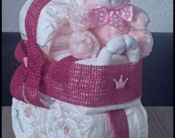 Windeltorte Mädchem pink Kinderwagen  Jute Schweinchen oder Bärchen Babyparty Babywaschlappen