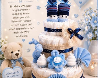 Windeltorte für Jungen / Geschenk zur Geburt / Babyparty / Pamperstorte / Personalisierte Windeltorte blau /Taufgeschenk