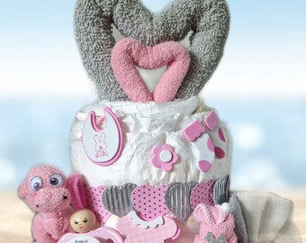 Diaper cake girl pink personalized with heart