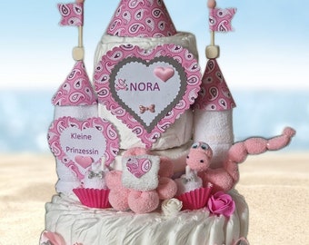 Windeltorte Windelschloss rosa Mädchen personalisiert mit Namen