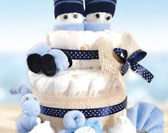 Diaper cake boys blue personalized with name diaper gnome pacifier dino baptism birth