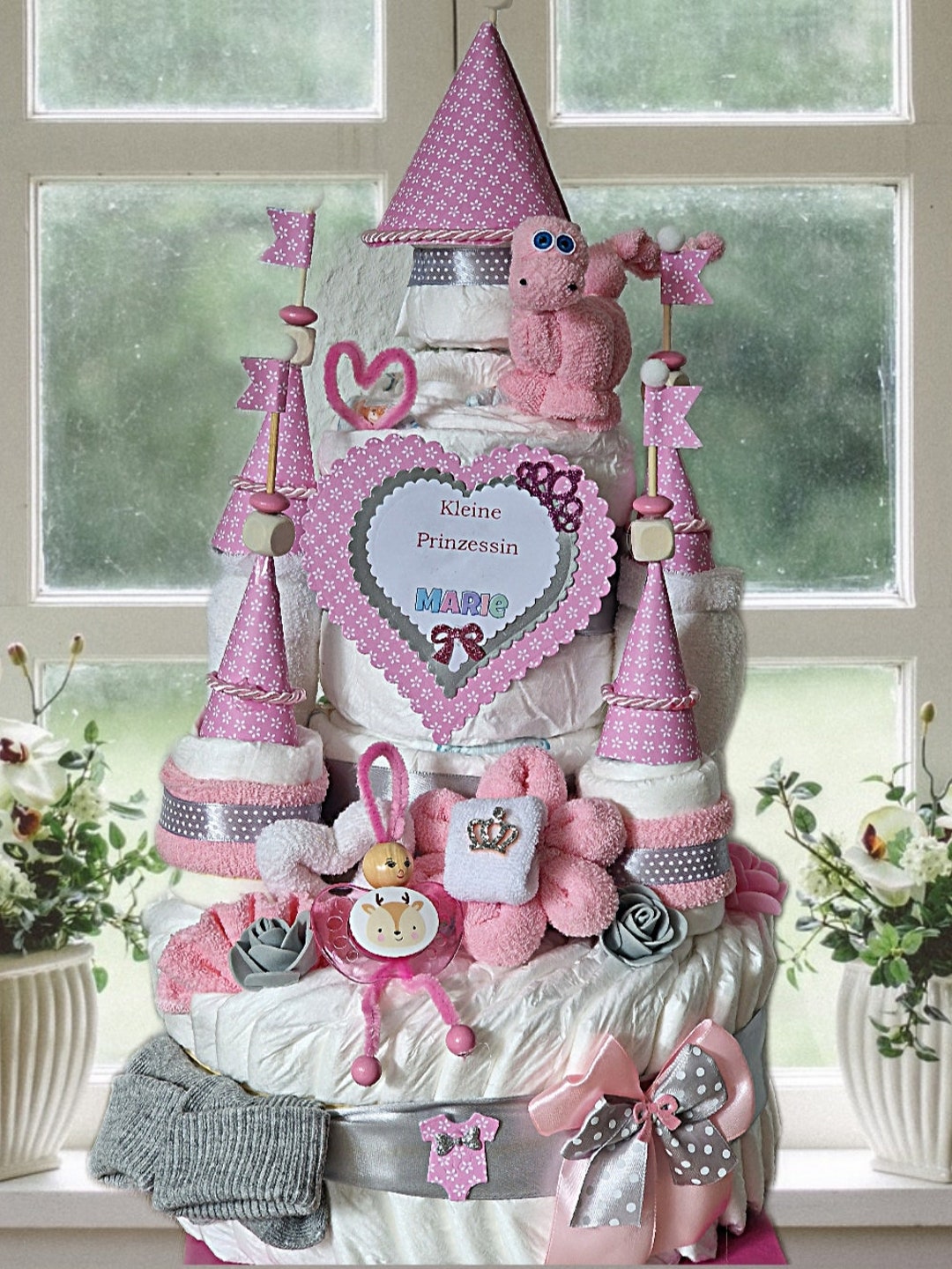 Buy Diaper Cake Girl Diaper Castle Pink Personalized With Name XXL Online  in India