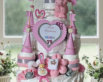 Diaper cake diaper castle pink girl personalized with name XXL