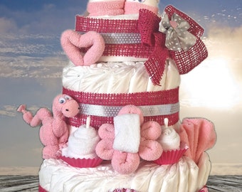 Diaper cake pink/pink/white diaper gnome Dino personalized name baptism birth jute