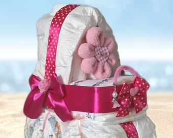 Windeltorte Kinderwagen Mädchen pink personalisiert Geschenk zur Geburt