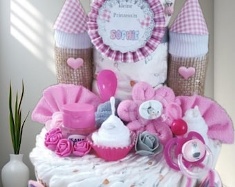 Windeltorte für Mädchen mit Namen  Windelschloss mit Schnuller /Baby Waschlappen/Juteband rosa