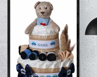 Diaper cake boy car bear personalized with name