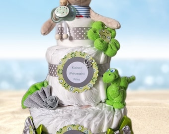 Diaper cake girl boy green with bear and pacifier doll neutral color unisex