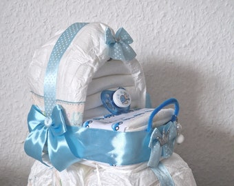 Windeltorte Kinderwagen Junge blau mit Schnuller personalisiert