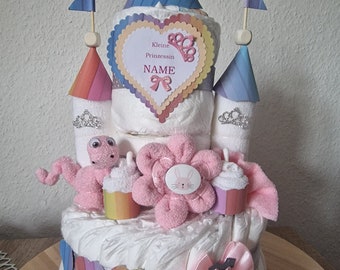 Diaper cake diaper castle pink rainbow look girl dino personalized with name
