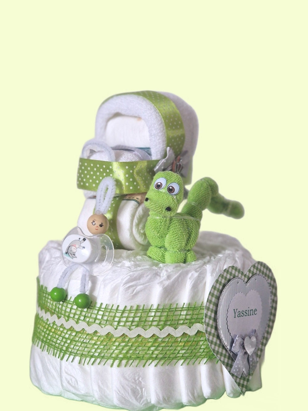 Diaper cake neutral girl boy unisex mini stroller pacifier doll dino personalized