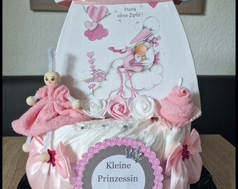 Diaper cake pink girl gift box with pacifier doll diaper gnomes names personalized.