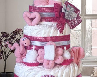 Windeltorte rosa/pink/weiss Windelwichtel  Dino personalisiert Name  Taufe Geburt Jute
