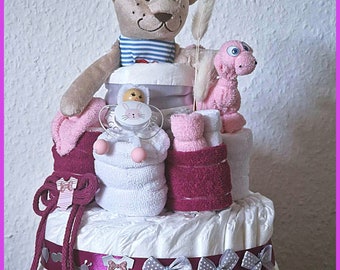 Windeltorte Mädchen rosa Dino Bär Babywaschlappen Schnullerpüppchen