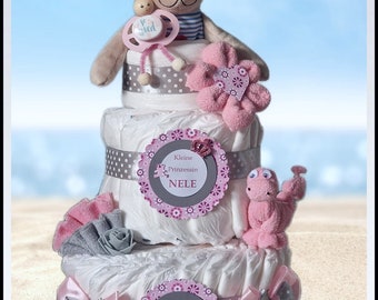 Diaper cake girl pink personalized with bear and pacifier doll
