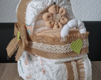 Windeltorte Kinderwagen Jute neutrale Farbe unisex Dino oder Rosette