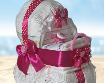 Diaper cake stroller girl pink personalized with pacifier