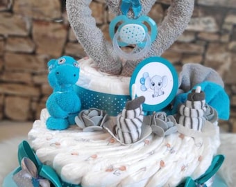 Diaper cake girl/boy turquoise and gray with dinosaur made of baby washcloths and heart pacifier