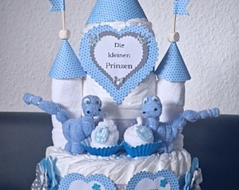 Windeltorte Zwillinge blau Windelschloss mit Herzen personalisiert mit Namen