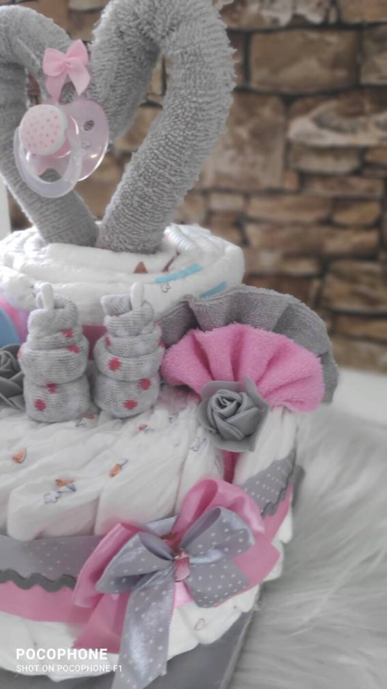 Diaper cake girl pink and gray with dinosaur made of baby washcloths and heart pacifier image 2