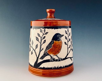Lidded Jar Handcarved With Sgraffito Robins Ready to Ship by NorthWind Pottery