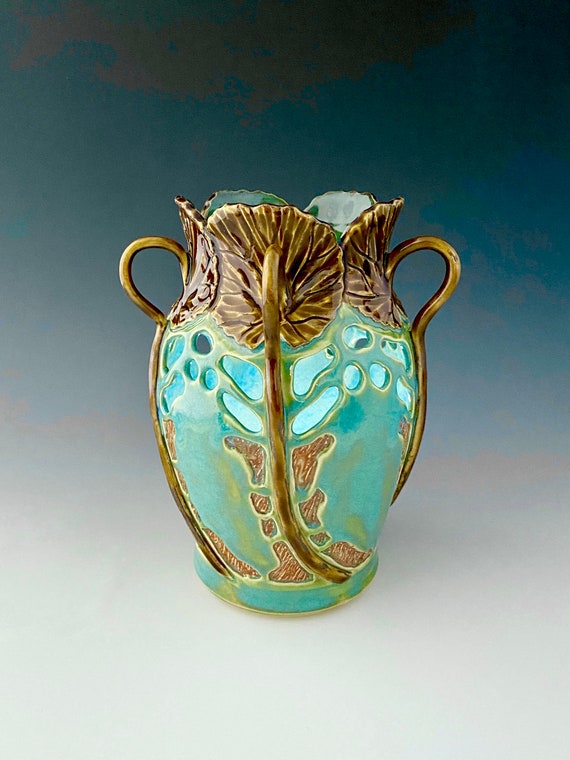 Water Lily Hand Carved Art Nouveau Luminary Vase by Northwind