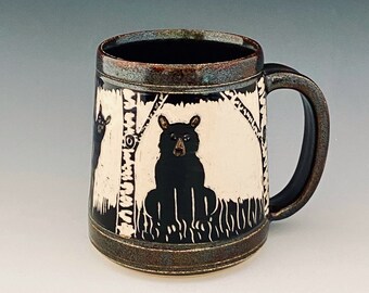Ready to Ship Sgraffito Black Bear Mug Hand-carved for Coffee, Tea by NorthWind Pottery
