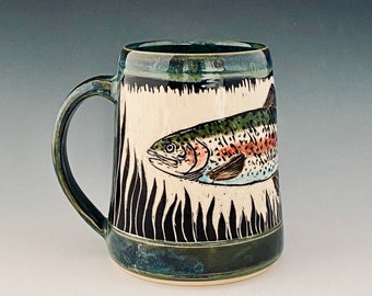 Ready to Ship XL Sgraffito Rainbow Trout Mug, Tankard, Stein Hand-carved for Coffee, Tea, Beer by NorthWind Pottery