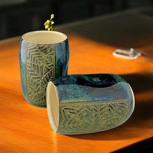 Handmade Ceramic Tumblers: Carved Leaf Design, Set of 2