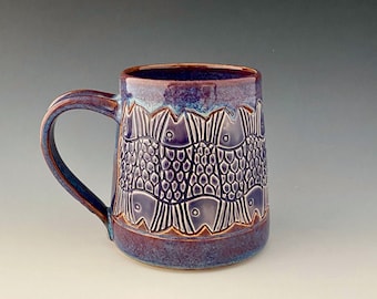 Ceramic/Pottery Mug Tankard, Stein Carved with Fish Tessellations for Coffee, Tea, Cocoa, Soup by NorthWind Pottery