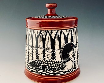 Lidded Jar Handcarved With Sgraffito Loons Ready to Ship by NorthWind Pottery