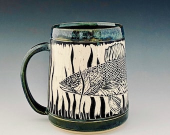 Ready to Ship XL Sgraffito Walleye Mug, Tankard, Stein Hand-carved for Coffee, Tea, Beer by NorthWind Pottery