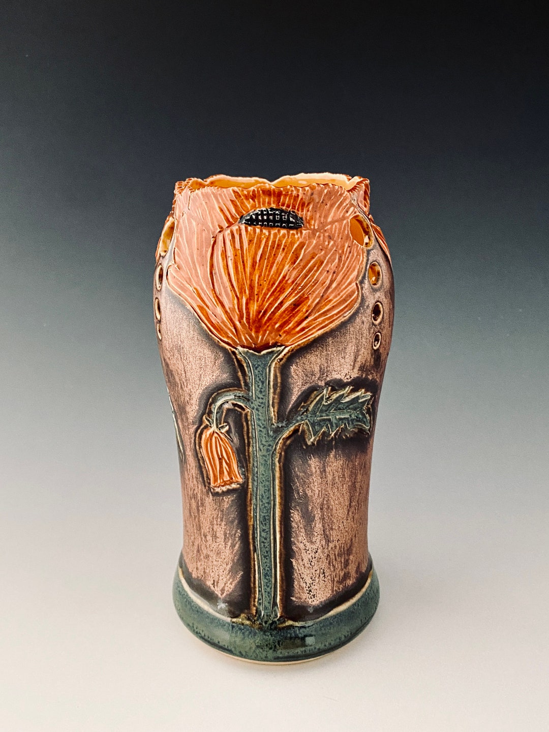 Hand Carved Art Nouveau Poppy Vase Wheel-thrown by Northwind Pottery - Etsy
