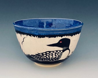 Sgraffito Loon Soup/Cereal Bowl Ceramic Pottery Handmade by NorthWind Pottery