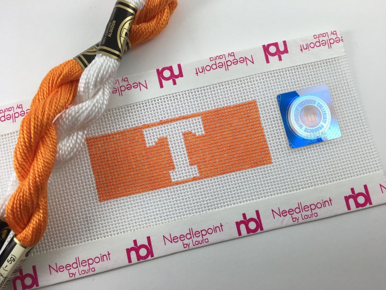 Tennessee Power T on orange background 4 inch Needlepoint Key Tag Canvas with fibers