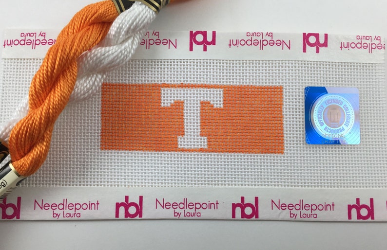 Tennessee Power T on orange background 4 inch Needlepoint Key Tag Canvas with fibers