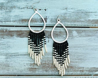 Beaded Fringe Earrings | Boho Earrings | Silver, Ivory and Black